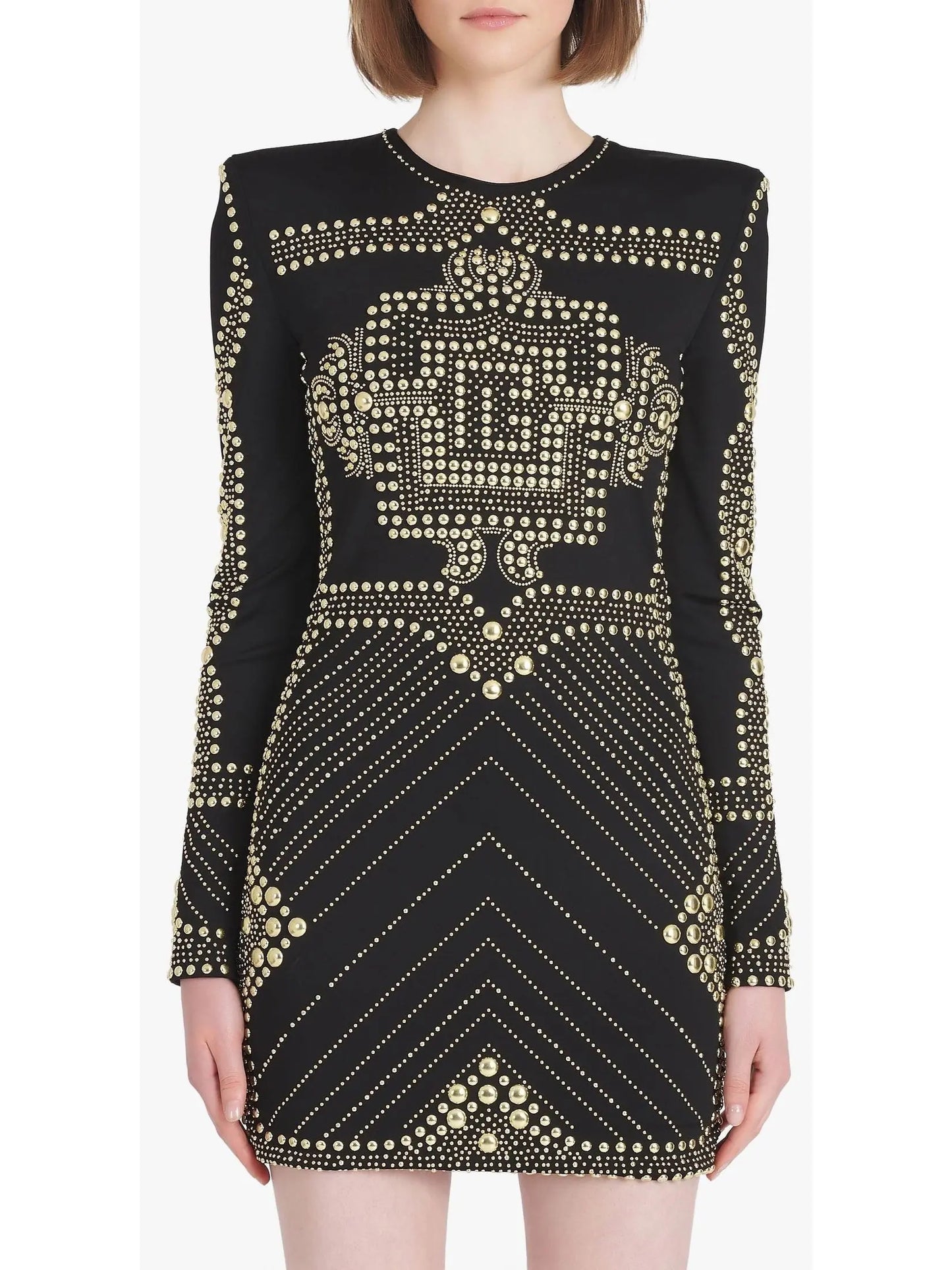 Short Black Dress with Embroidered Gold-Tone Studs - Branna Couture