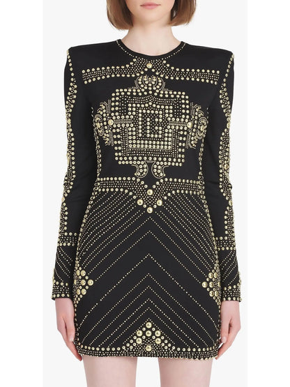 Short Black Dress with Embroidered Gold-Tone Studs - Branna Couture