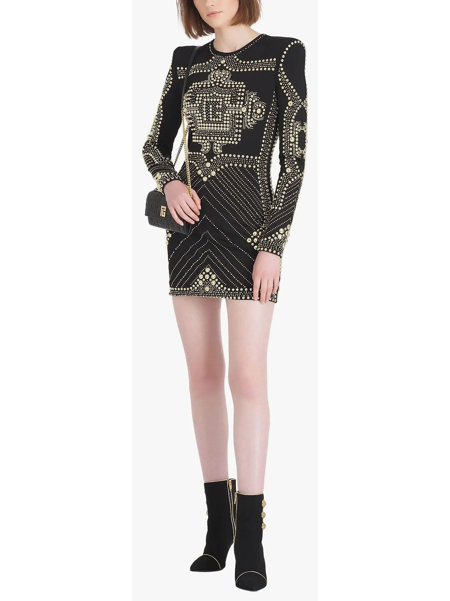 Short Black Dress with Embroidered Gold-Tone Studs - Branna Couture