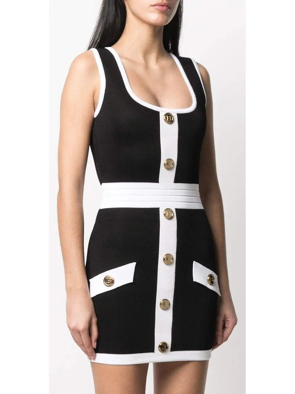 Short Black & White Dress with Embossed Buttons - Branna Couture