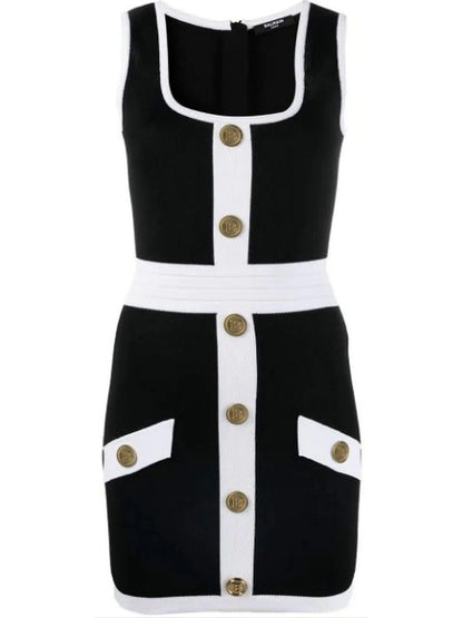 Short Black & White Dress with Embossed Buttons - Branna Couture