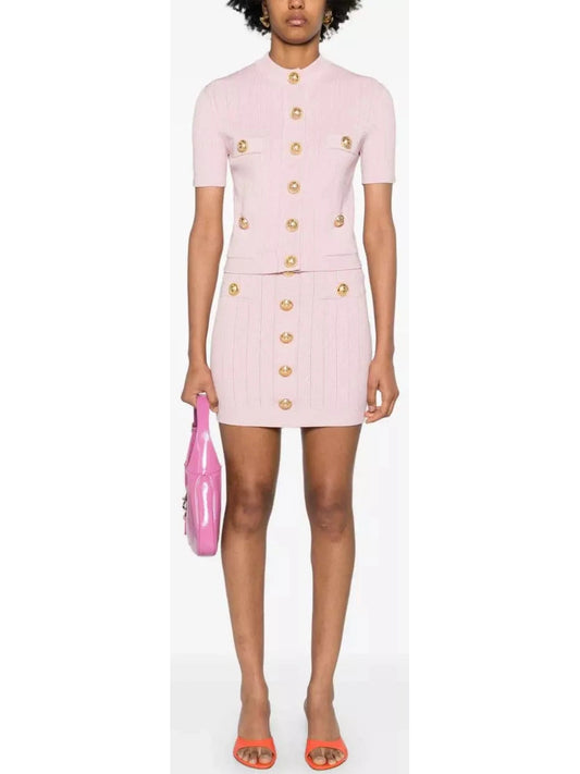 Short Knit Cardigan Top and Skirt Set in Pink with Gold Buttons - Branna Couture