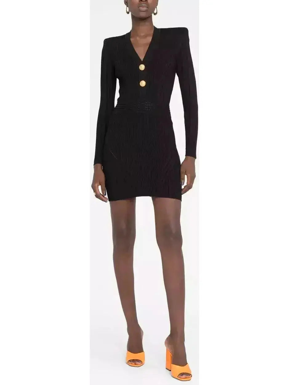 Short Knit Dress with Gold Buttons - Branna Couture