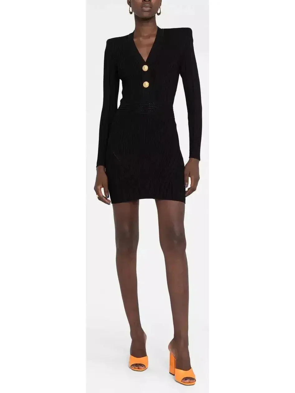 Short Knit Dress with Gold Buttons - Branna Couture