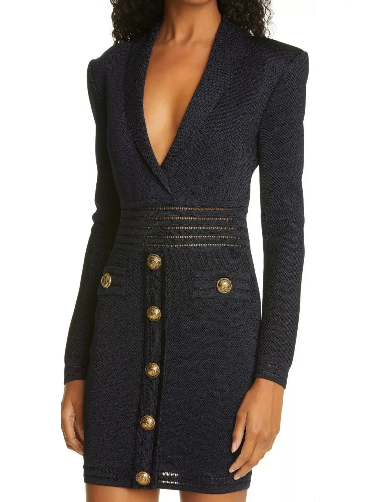 Short Knit Dress with Gold-Tone Buttons, Black - Branna Couture