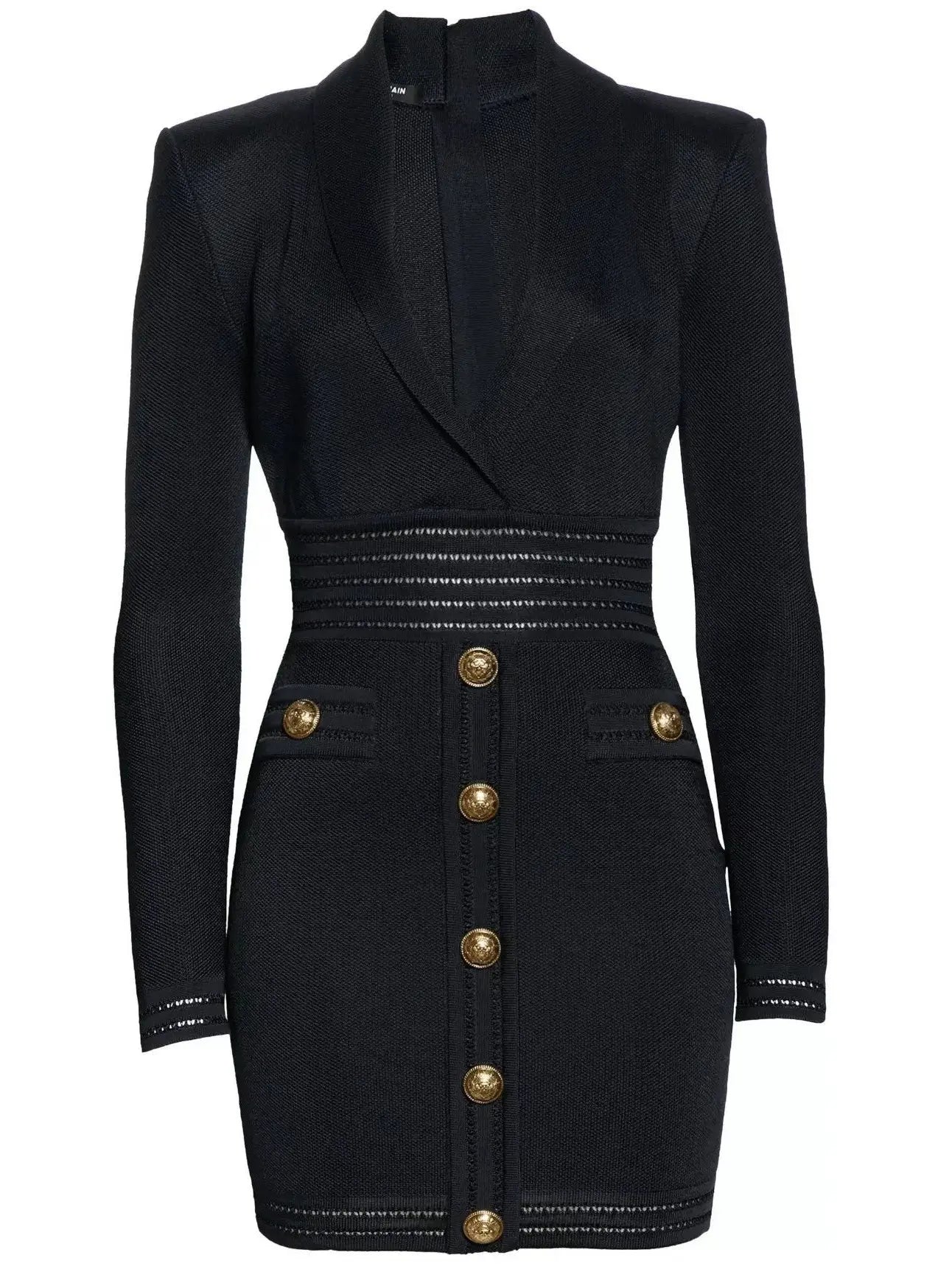 Short Knit Dress with Gold-Tone Buttons, Black - Branna Couture