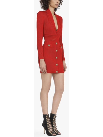 Short Knit Dress with Gold-Tone Buttons, Red - Branna Couture