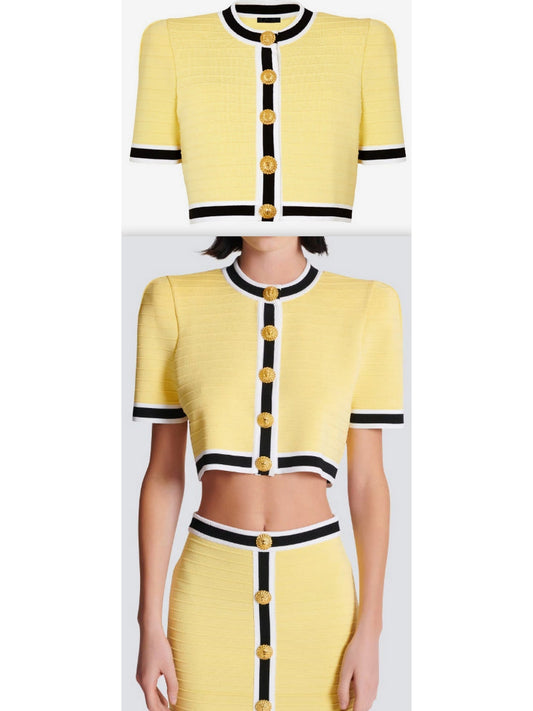 Short-Sleeve Cropped Knit Cardigan, Yellow - Branna Couture