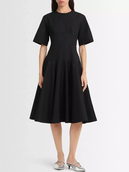 Short-Sleeve Corset-Style Seamed Midi Dress in Black - Small - Dresses