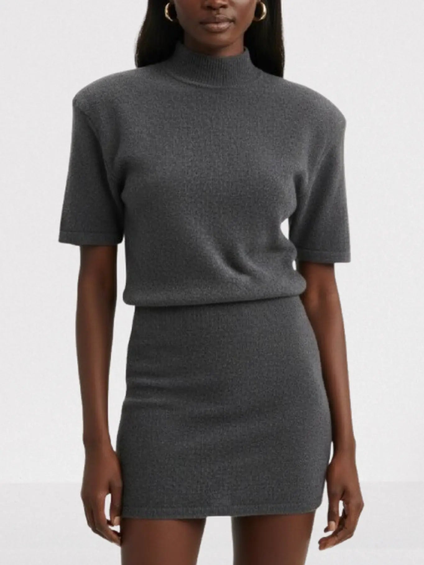 Short-Sleeve Wool Knit Mini Dress with Mock Neck - Small / Gray - Dresses