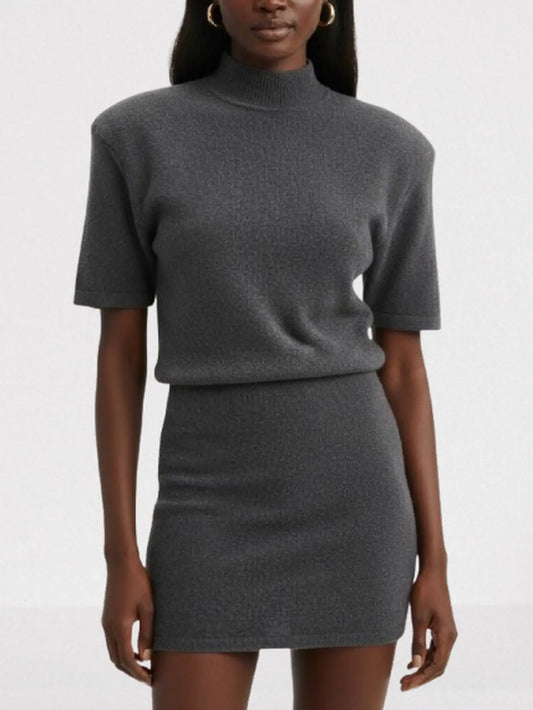 Short-Sleeve Wool Knit Mini Dress with Mock Neck - Small / Gray - Dresses