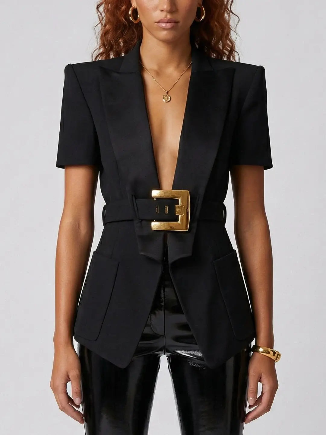 Short-Sleeve Belted Tailored Blazer - Jackets