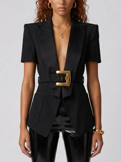 Short-Sleeve Belted Tailored Blazer - Jackets