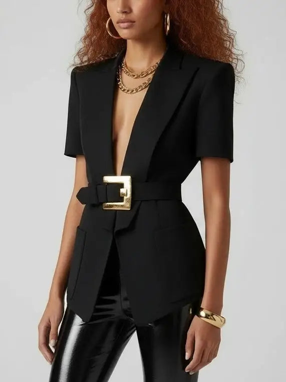 Short-Sleeve Belted Tailored Blazer - Jackets