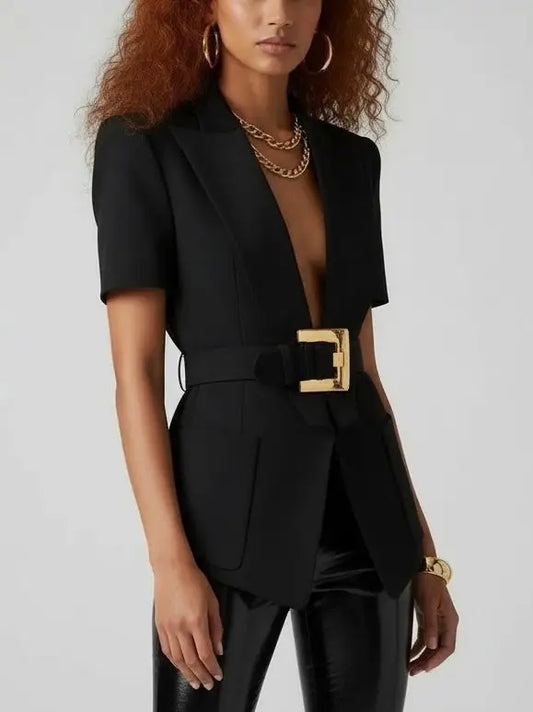 Short-Sleeve Belted Tailored Blazer - Jackets