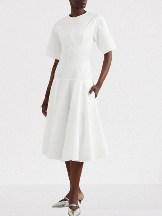 Short-Sleeve Corset-Style Seamed Midi Dress in White - Small - Dresses