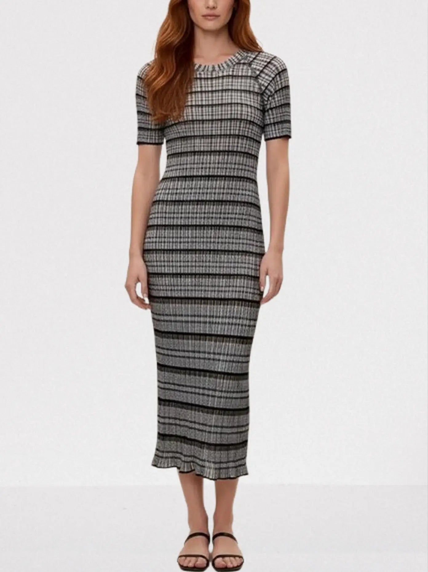 Short-Sleeve Striped Knit Midi Dress - Dresses