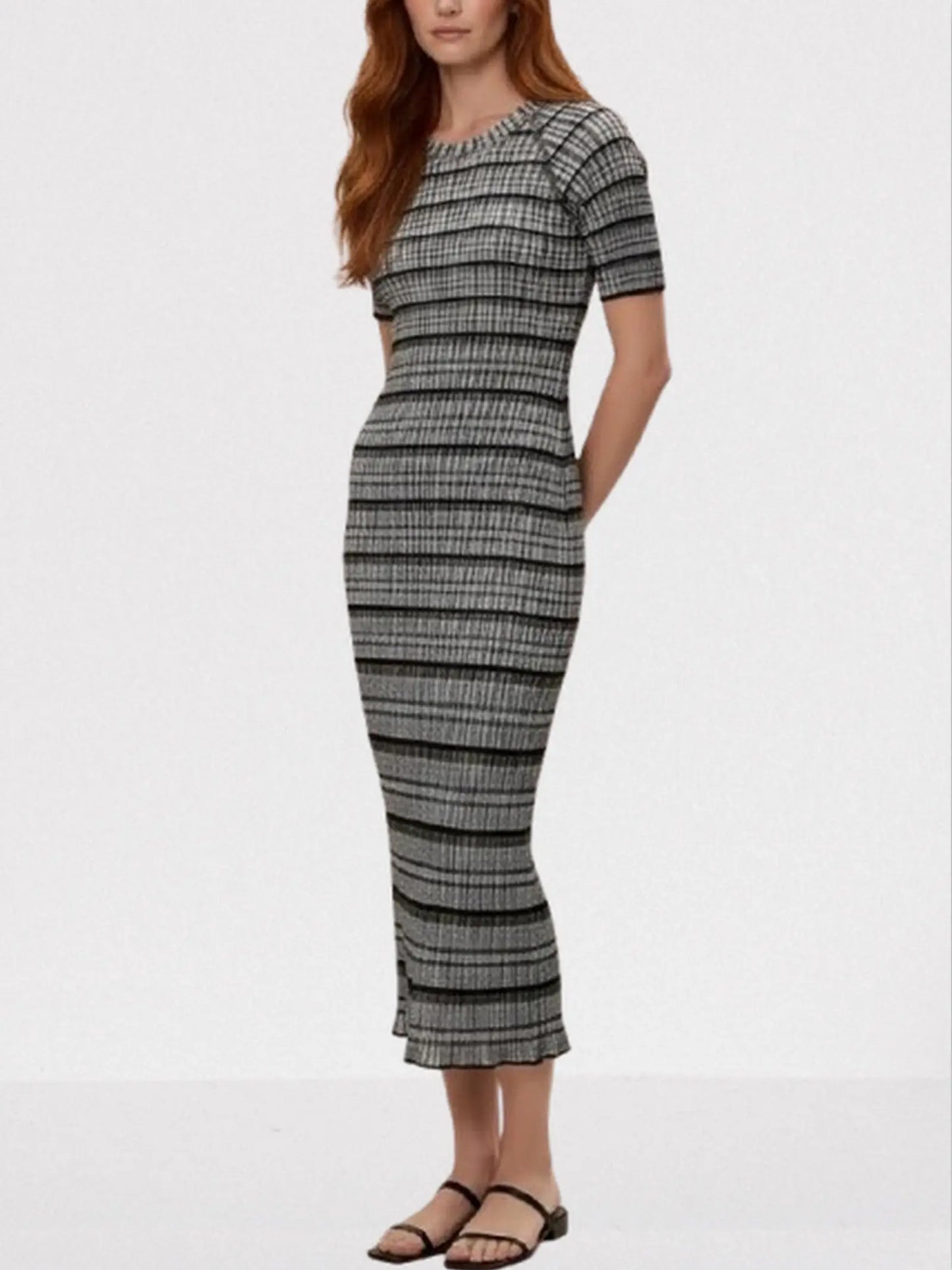 Short-Sleeve Striped Knit Midi Dress - Dresses