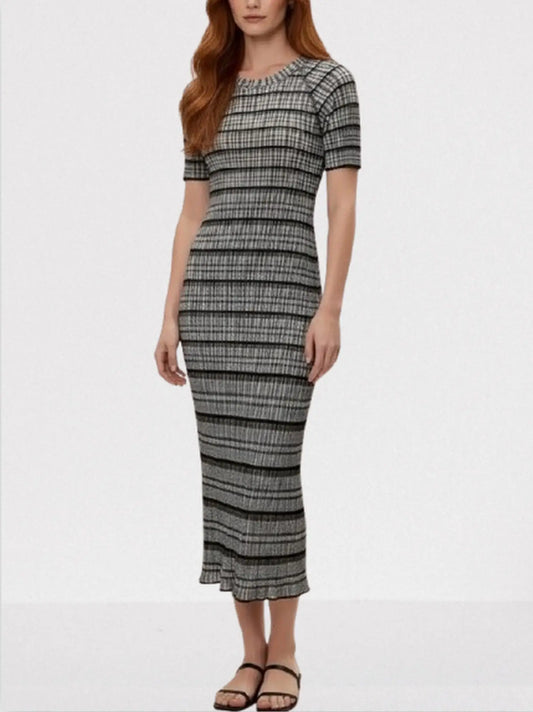 Short-Sleeve Striped Knit Midi Dress - S - Dresses