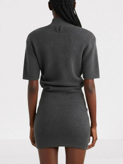 Short-Sleeve Wool Knit Mini Dress with Mock Neck - Dresses
