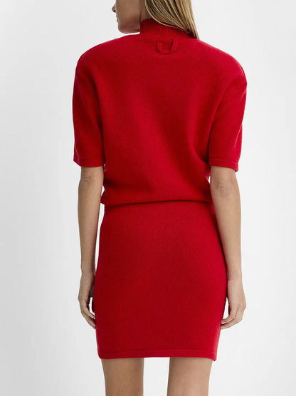 Short-Sleeve Wool Knit Mini Dress with Mock Neck - Dresses