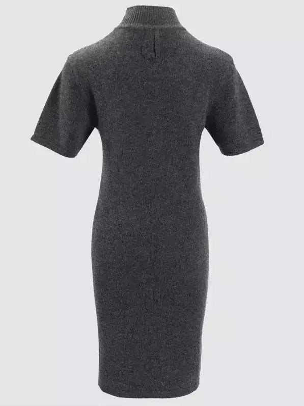 Short-Sleeve Wool Knit Mini Dress with Mock Neck - Dresses