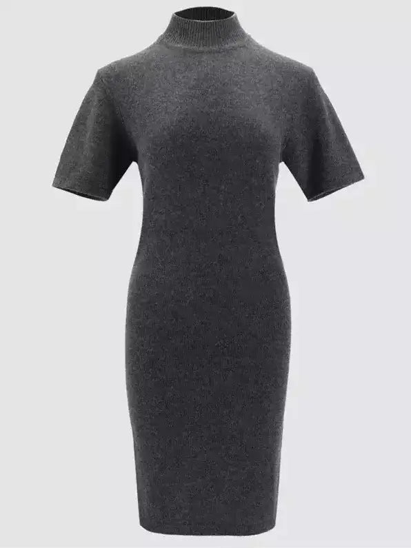 Short-Sleeve Wool Knit Mini Dress with Mock Neck - Dresses