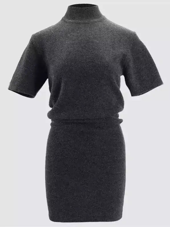 Short-Sleeve Wool Knit Mini Dress with Mock Neck - Dresses