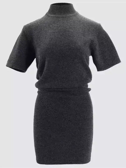 Short-Sleeve Wool Knit Mini Dress with Mock Neck - Dresses