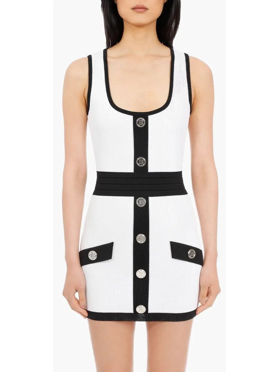 Short White & Black Dress with Embossed Buttons - Branna Couture