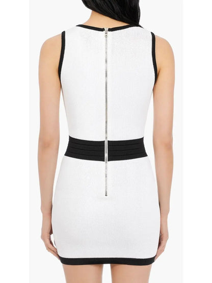 Short White & Black Dress with Embossed Buttons - Branna Couture