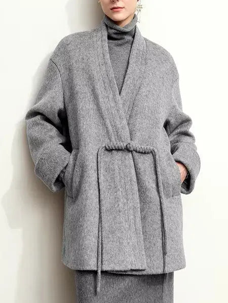 Short Wrap Coat with Decorative Front Tie in Gray Branna Couture