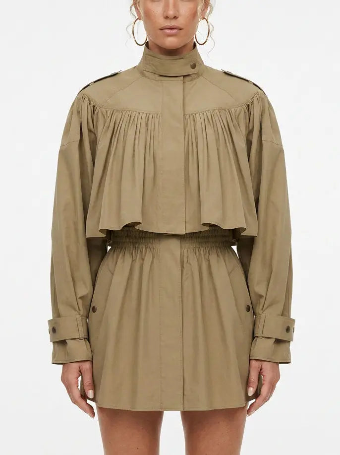Short Cotton Trench Coat with Smocked Waist - Small - Coats