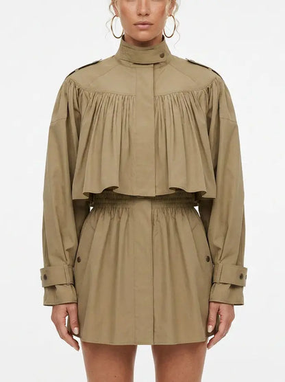 Short Cotton Trench Coat with Smocked Waist - Small - Coats