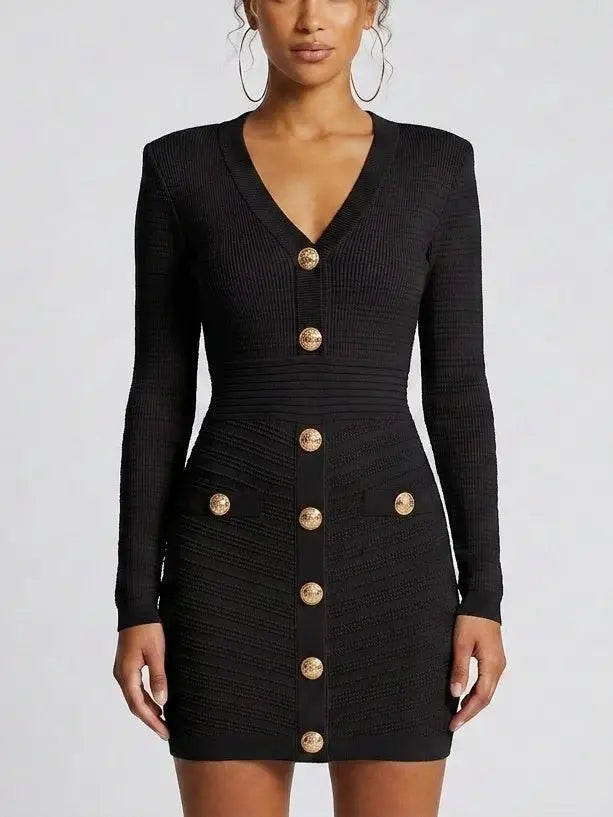 Black Knit V-Neck Mini Dress with Gold Buttons Black Knit V-Neck Mini Dress with Gold Buttons