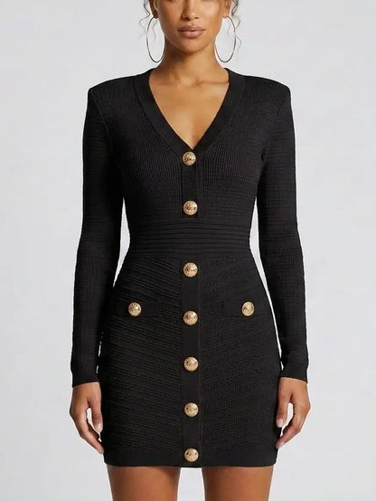 Short Knit Dress with Gold-Tone Buttons - S / Black - Dresses