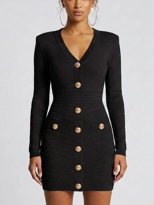Short Knit Dress with Gold-Tone Buttons - S / Black - Dresses