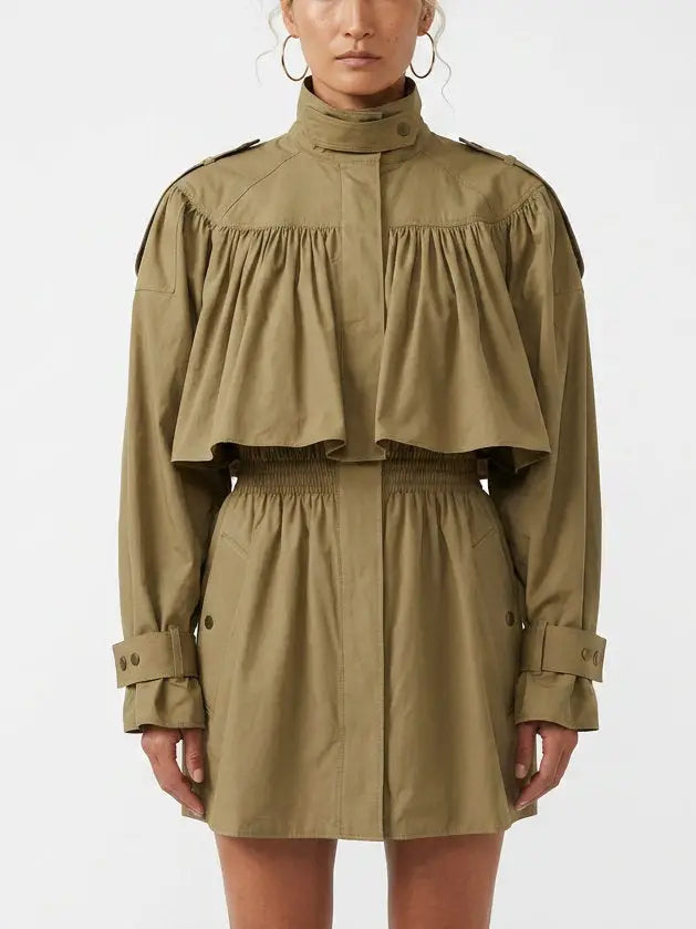 Short Cotton Trench Coat with Smocked Waist - Coats