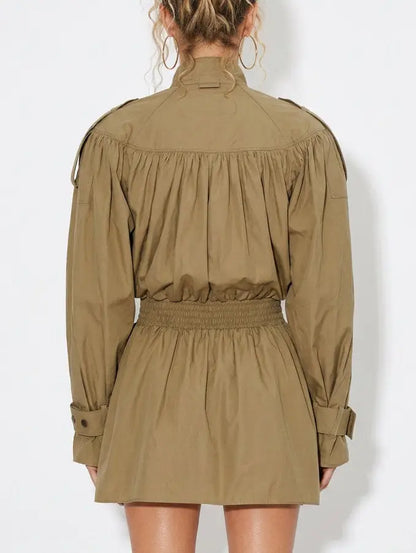 Short Cotton Trench Coat with Smocked Waist - Coats