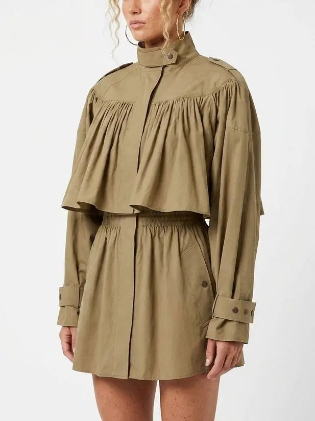 Short Cotton Trench Coat with Smocked Waist - Coats