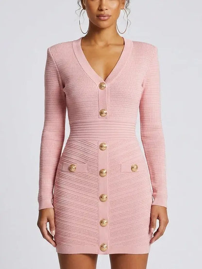 Short Knit Dress with Gold-Tone Buttons - S / Pink - Dresses