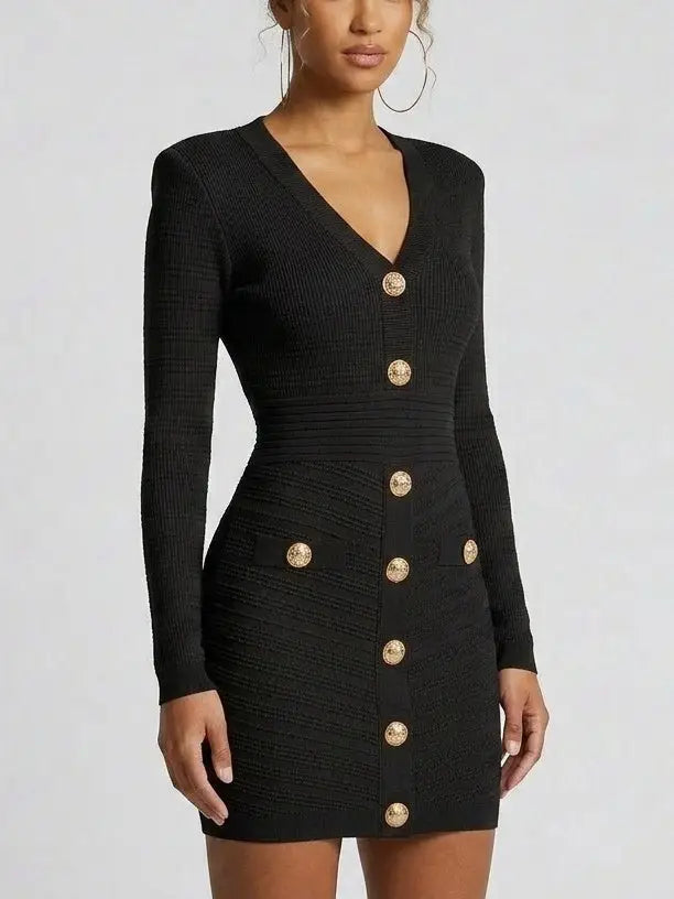 Short Knit Dress with Gold-Tone Buttons - Dresses