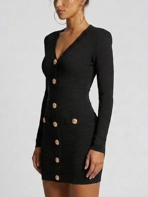 Short Knit Dress with Gold-Tone Buttons - Dresses