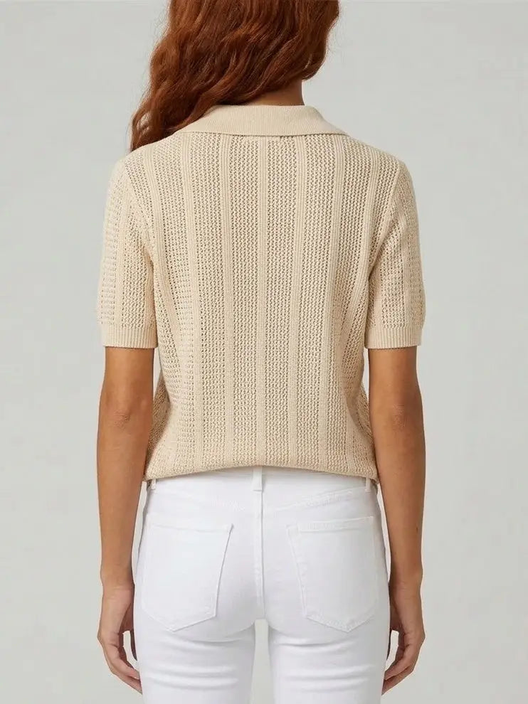 Short Sleeve Knit Polo Top with Tie Neck Detail - Tops