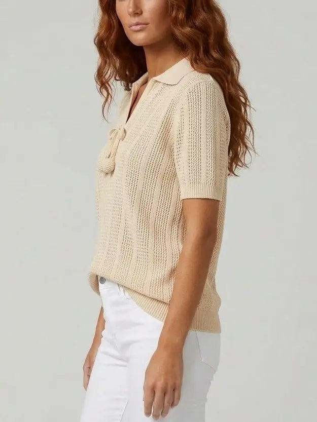 Short Sleeve Knit Polo Top with Tie Neck Detail - Tops
