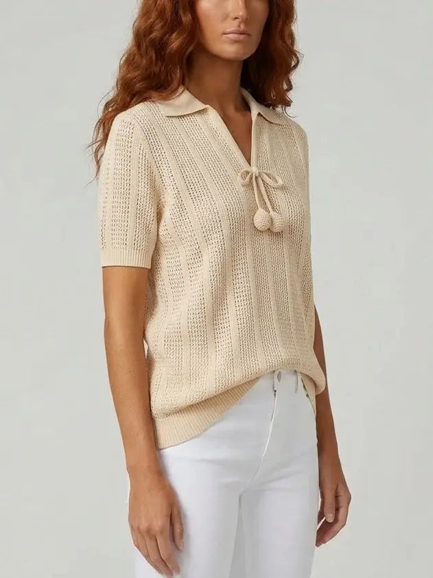 Short Sleeve Knit Polo Top with Tie Neck Detail - Tops