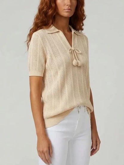 Short Sleeve Knit Polo Top with Tie Neck Detail - Tops
