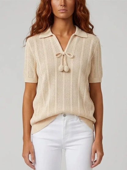 Short Sleeve Knit Polo Top with Tie Neck Detail - Tops