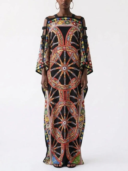 Sicilian Cartwheel Print Cutout Sleeve Kaftan Dress - S - Dresses