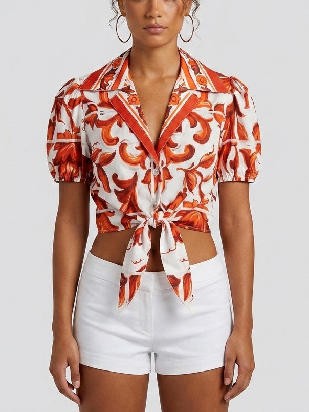 Sicilian Print Cropped Tie-Front Cotton Top - S - Tops